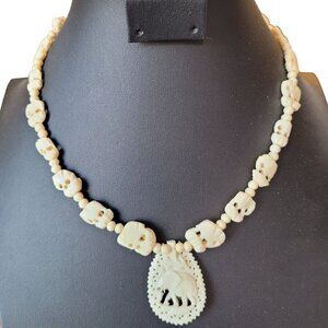 Vintage Organic Carved Necklace Lace Look Elephant Pendant Barrel Clasp VGC